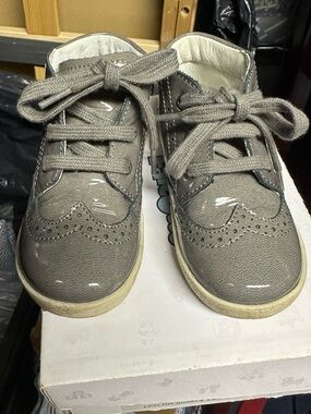 Falcotto Gray Patent Brogue Lace-Up Kids Shoes